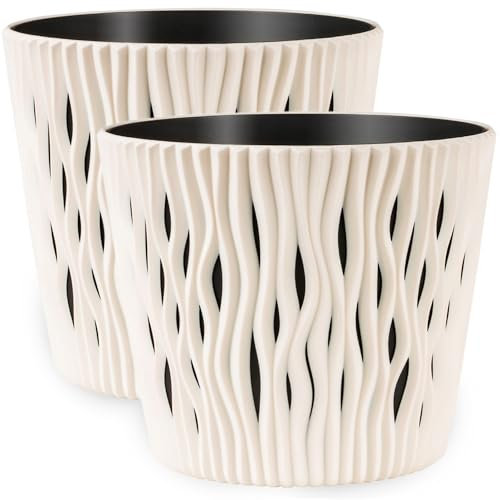 PECZEKO Macetas mate – Macetas decorativas para flores y hierbas, duraderas y ligeras, redondas, de plástico, para salón y comedor, cocina, terraza, balcón, juego de 2 unidades (ecri, diámetro 22 cm)