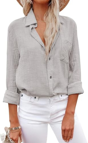 YUTILA Damen Musselin Bluse Langarm Locker Viskose Leinen Hemdbluse Revers Knopfleiste Casual Sommer Einfarbig Freizeitbluse mit Brusttaschen