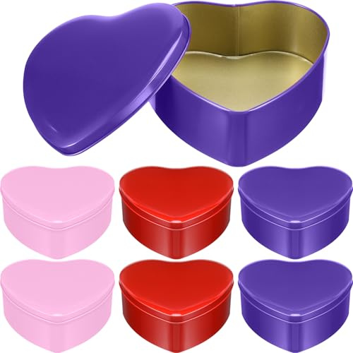 Blulu 6 Pcs Valentine's Day Heart Shaped Metal Tins with Lids 4.72 x 4.33 Valentine Candy Boxes Biscuits Jar Empty Jar Heart Metal Container for Valentines Gift Party Favors (Red,Pink,Purple)