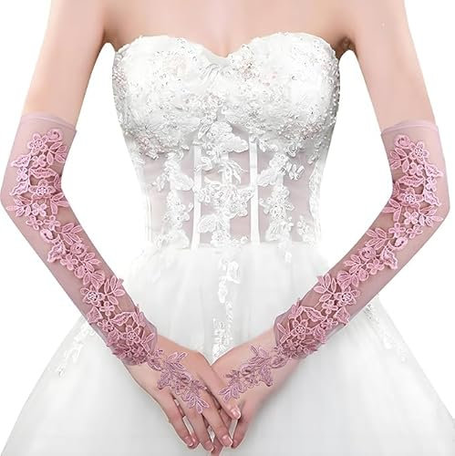 Theaque Fingerlose Spitzenhandschuhe, lang, 50 cm, für Damen, fingerlose Spitzenhandschuhe, Braut, Hochzeit, Party, Abschlussball, Kostüm, Zubehör, Handschuhe, A-Pink, Einheitsgröße