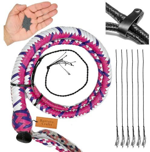 Bantoro Crafts 3 ft Leder‑Schlangenpeitsche, 12‑Fach geflochten, Metallkern, schrotgefüllt, flexibel, ohne Griff, mit Gürtelhalter & 6 extra Riemen