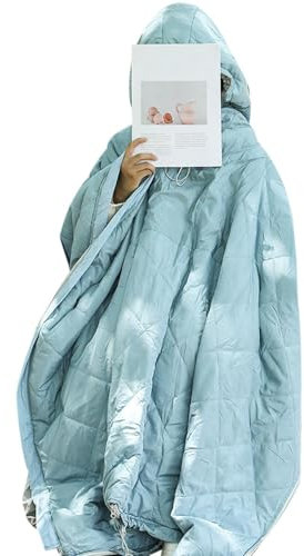 Tragbarer Schlafsack, Poncho, mit Kapuze, Isolierung, warme Campingdecke, tragbarer Poncho – Outdoor-Camping, Wärme, kleine Steppdecke, Schlafsack, Umhang mit Hut für Männer und Frauen, Hellblau (2),