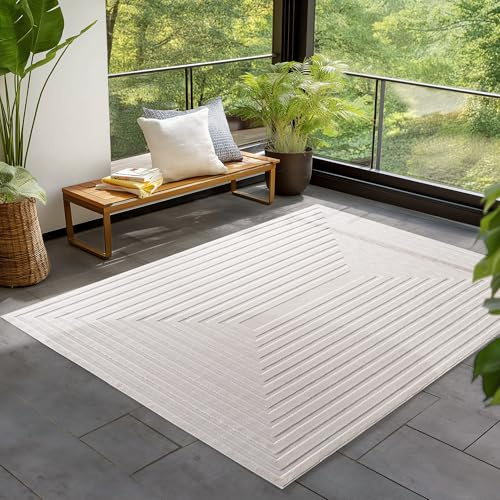 SIMPEX Indoor Outdoor Teppich wetterfest 240x340 cm, 3D Optik, Bordüre Design, waschbar, Natur Creme Farbe, Teppich Wohnzimmer, Terrasse