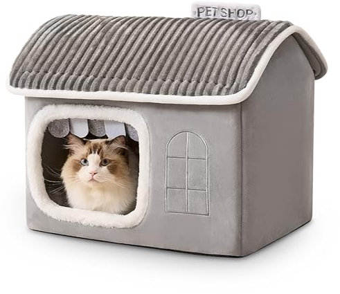 ALLSOPETS Hundehütte für Innenbereich Warmes Katzenhaus Faltbare Welpenhütte mit Abnehmbarem Kissen Geschlossene Hundehütte für Kleine Hunde und Katzen (Hellgrau, S)