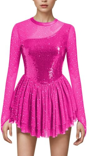 FYMNSI Damen Eiskunstlauf Kleid Glitzer Pailletten Langarm Ballettkleid Ballettkleidung Gymnastik Leotard Turnanzug Tanzkost�m Eiskunstlaufkleid Eislaufen Skating Kleider Gymnastikanzug Rose XS