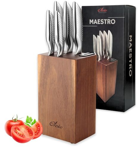 Oleio Maestro Messerset mit Messerblock – 6 teilig – Edelstahl Küchenmesser Set mit Block & integriertem Messerschärfer – Scharfes Küchenhelfer Set für alle Schnitte – Messerblock mit Messer