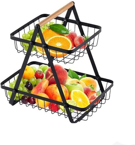 HOCHSTE 2-Tier Fruit Basket - Stainless Steel Detachable Vegetable & Bread Holder for Kitchen, Office & Home Storage Black One Size