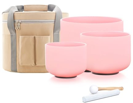 Hye-eun Juego de 3 cuencos de cristal rosa 432 Hz 8 G 10 F 12 C – Cuencos de meditación para relajación, yoga y curación – Cuencos de cristal de alta calidad con bolsas de transporte, martillo de