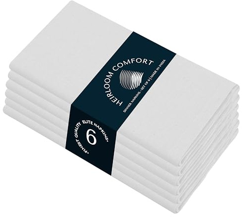 HEIRLOOM COMFORT White Cloth Dinner Napkins 6 Pack, 100% Cotton, 43x43 cm, Soft, Washable, Reusable, Perfect for Hotels, Restaurants, Lunch, Weddings, Events, Parties, Everyday Use, White