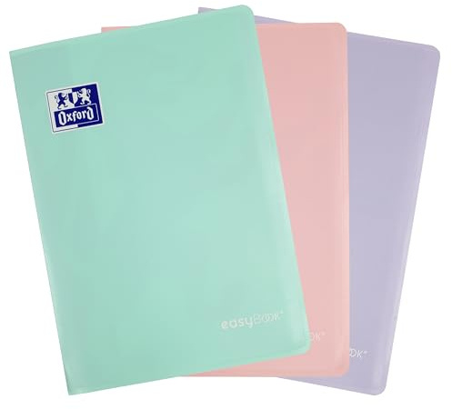 Oxford EasyBook Pastel A4 Notebook with Document Pockets, 96 Pages Ruled Assorted Colours Pack of 3
