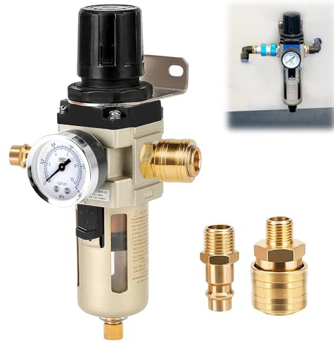 PORFOYO Riduttore di pressione, separatore ad aria compressa, 3/8 pollici, regolatore di pressione, riduttore di pressione dell'aria compressa, unità di manutenzione aria compressa con attacco rapido