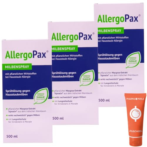 AllergoPax Milbenspray 3x 500 ml I Sprühlösung gegen Hausstaubmilben I mit pflanzlichen Wirkstoffen bei Hausstaub-Allergie I Für Matratzen und Textilien I Spar-Set plus Pharma Perle give-away