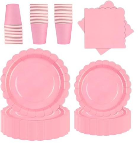 HFBOBP 80 Stück Partygeschirr Set für 20 Gäste,Rosa Gewellte Pappteller und Becher Set Servietten Partyteller Süße Party für Geburtstage Hochzeit Party Valentinstag Tischdeko