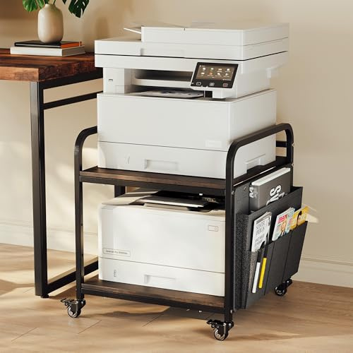 SIWUTIAO Heavy-Duty Adjustable Printer Stand – Height Customisable Rolling Cart with Locking Castors, Under Desk Storage Shelf for Home or Office Use (brown)