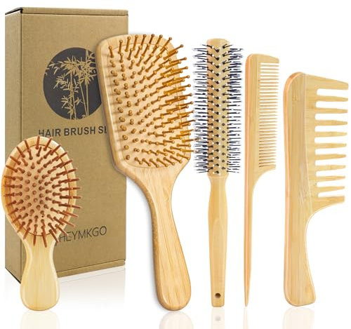 HEYMKGO Bamboo Hair Brush Set, Hairbrush 5PCS for Long Short Curly Thick Thin Hair-Natural Paddle Hair Brush with Scalp Massage Eco-Friendly Bamboo Comb for All Hair Types,No More Tangle