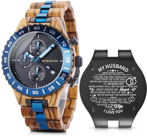 2win Mens Personalized Wooden Watches Blue Date Japanese Movement Fashion Multifunction Birthday Anniversary Watches for Husband Boyfriend with Gift Box (B-for-Husband)