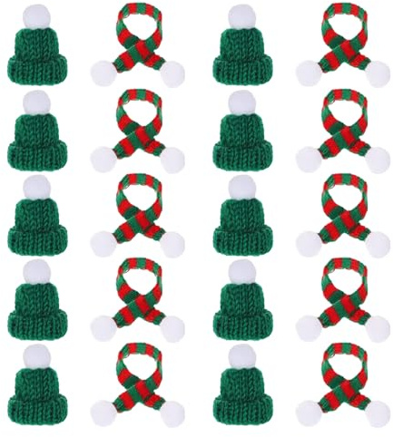 20 Stück Mini Weihnachtsmützen und Schal Set,Kleine Weihnachtsmütze,Kleine Weihnachtsschal Mini-Strickmütze des Weihnachten für Weinflasche Abdeckung,Lutscherhut,DIY Xmas Home Party Tischdekoration