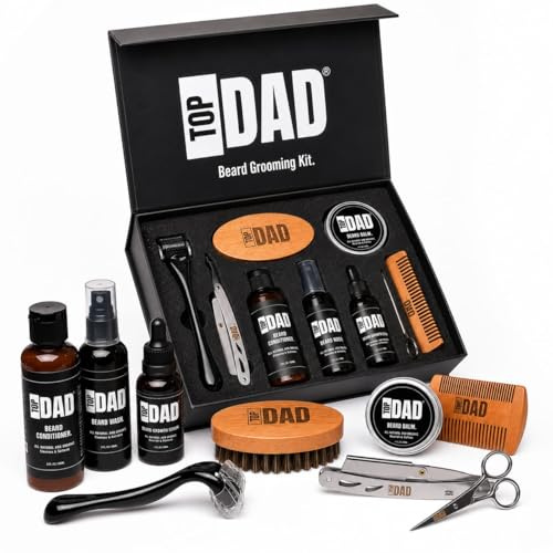 Top Dad Organic and Natural Beard Care Kit for Men – Premium Beard Growth Set with Roller, Brush, Comb, Scissors, Razor, Oil, Balm and Wash