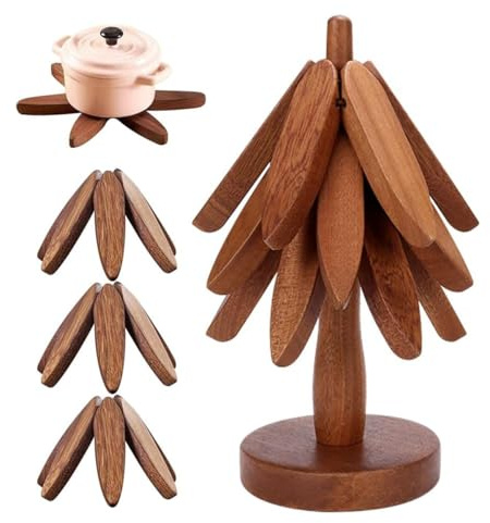 Dessous de verre en bois pour plats chauds, dessous de verre en forme d'arbre, 3 dessous de verre en bois + 1 support comme un sapin de Noël, pour cuisine, décoration de table et protection