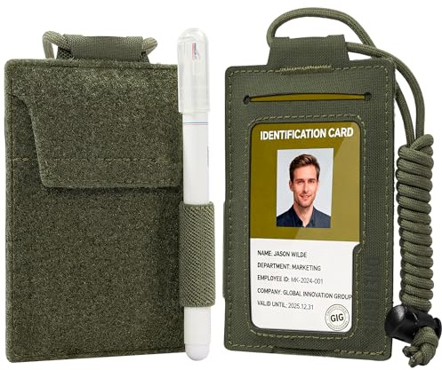 OneTigris RFID Ausweishalter aus 500D Nylon mit Frontfenster, sicheren Klett-Kartenfächern, Stifthalter und haltbarer Halskordel – ideal für Büro, Security und EDC
