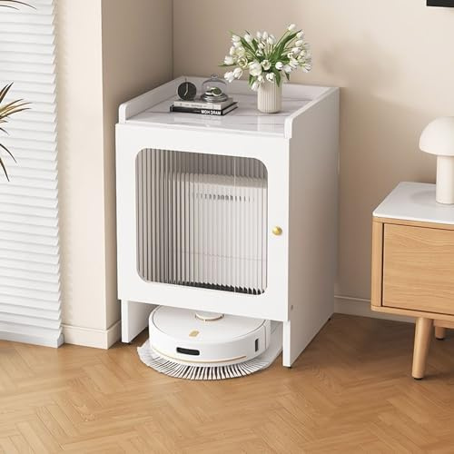 Robot Aspirador y Fregona con Autovaciado, Mueble de Almacenamiento Móvil, Mueble de Almacenamiento Oculto con Ruedas para Oficina en Casa, Salón Mesita de Centro(White,50x40x75cm)