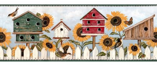 TRIMZ Wallpaper Border – Country Farmhouse Sunflowers, Birdhouses & Garden Picket Fence, Whimsical Wall Decor, Pre-Pasted, 15 ft x 10.25 in
