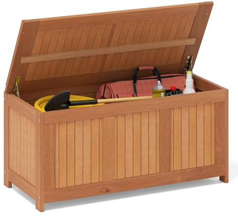 COSTWAY Gartenbox Holz, 220L Aufbewahrungsbox Wetterfest mit Deckel, Holztruhe Kissenbox aus Massivholz bis 150 kg belastbar, Outdoor Auflagenbox für Garten & Balkon, Teakfarbe