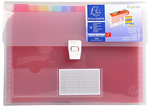 Exacompta 55298E Premium Kunststoff-Fächermappe Crystal 33 x 25 cm mit 13 farbigen Fächern mit dehnbarem Rücken und Druckknopfverschluss zur Aufbewahrung Ihrer Dokumente Ordnungsmappe transparent