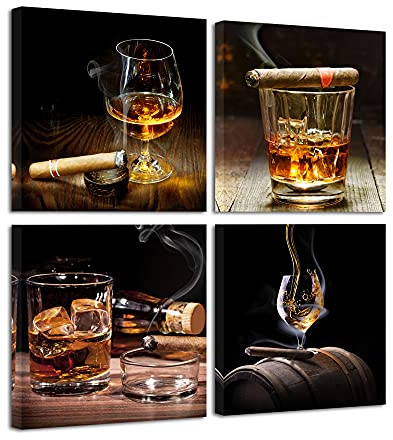 Pyradecor Cigar Wine Whisky Canvas Prints Wall Art Liquor Still Life Pictures Paintings for Kitchen Bar Pub Home Decorations 4 Piece Modern Stretched Ready to Hang Artwork