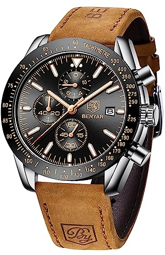 BENYAR Orologio da Uomo Cronografo Analogico Movimento al Quarzo Impermeabile Luminoso Moda Sportivo Affari Orologio da Polso Cinturino in Pelle Elegante Regalo per Uomo