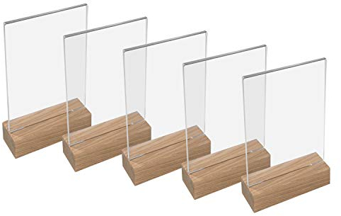 HMF 46940 Espositore da Tavolo in Acrilico con Base in Legno | 5 Pezzi | DIN A6 Verticale | Trasparente