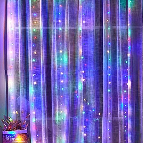 300 LEDs Lichtervorhang 3m x 3m, Fernbedienung Wasserdicht Lichterkette mit Haken, 8 blinkende Modi, USB oder Batteriebetrieben, fur Hochzeit Schlafzimmer Party Balkon Dekor (Bunt, Konvexe Lampe)