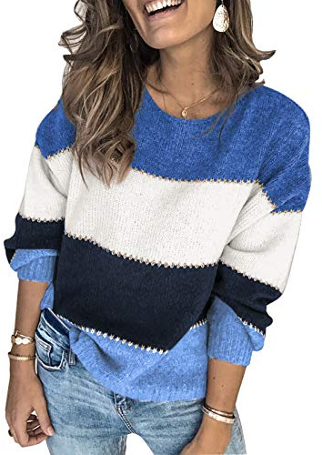 Ancapelion Women’s Striped Colour Block Jumper Long Sleeve Chunky Sweater Crew Neck Knit Pullover Tops Knitwear for Ladies