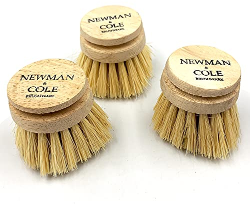Newman and Cole Wooden Dish Brush Heads, Pack of 3 Natural Dish Brush Eco Washing up Brush Head Replacement for Cleaning the Dishes, Kitchen Sink, Pots and Cooking Pans