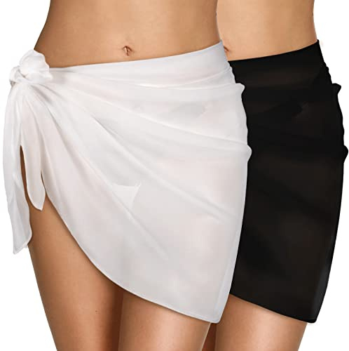 Xnova Pareo Mare Donna Elegante Copricostume Corto, Prendisole Chiffon Spiaggia Wrap Sarong Coprire Caftano, Gonna Avvolgenti Costume da Bagno Bikini Cover Up(Confezione da 2 - Nero, Bianco