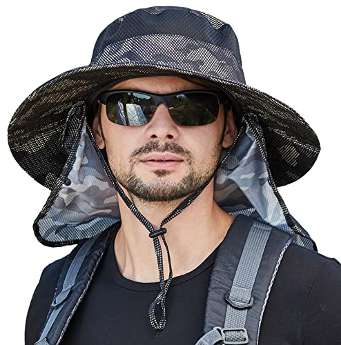 AIEOE Sombrero Pescador Hombre Extraíble Protección UV Plegable de Camuflaje Sombreros para Hombre con Tapa del Cuello Mosquito Neta de protección Solar ultraviol Sombreros de Acampada y Marcha