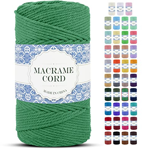 Uiopa Makramee Garn 4mm x 200m Natürliche Baumwollkordel Baumwollseil Baumwollgarn Baumwollschnur, Macrame Cord 4mm für DIY Basteln Stricken Wandbehang Pflanze Aufhänger Boho Deko (Grün)