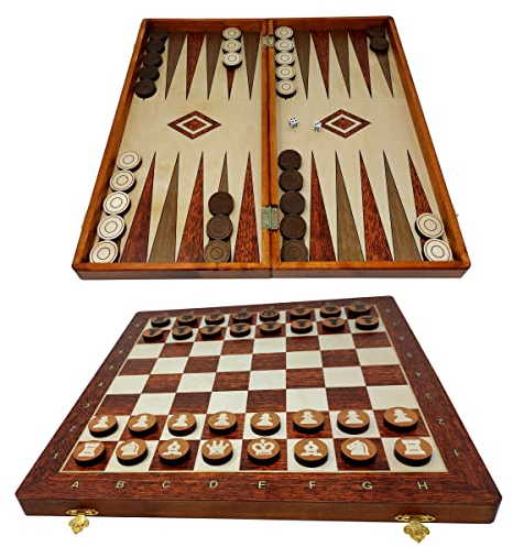 ChessEbook 3-in-1 Schachspiel + Dame + Backgammon - Hochwertiges Schachbrett aus Holz - Chess Board Set klappbar - Schachbrett-Spielset mit Spielsteinen - 48x48 cm
