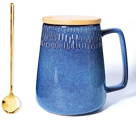Cteahrow Tasse à café en porcelaine de 24 oz, couvercle grande tasse à latte et cuillère en bois pour cappuccino cacao latte, passe au lave-vaisselle et au micro-ondes (bleu ciel avec couvercle)