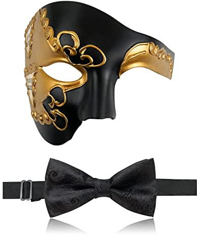 IncreDecor Maskeradmask för män, Fantom på operan, halv ansiktsmask med fluga, venetianska masker för halloweenfest (svart+guld)