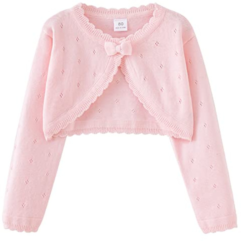 Maeau Gilet Boléro Enfant Fille Cardigan Manche Longue Petite Fille Gilet Pull en Tricot Bébé Boléro Coton Fleurs Rose Cache-Coeur Danse Classique Veste de Ballet Manteau Tricoté Col Rond Chandail 100