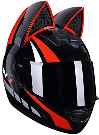 Erwachsener Katzenohren Vollhelm Offroad Motorrad Helm ECE Zertifizierung Männer Und Frauen Cool Racing Motorradhelm Mit Ohren Full Face Helm Für Alle Jahreszeiten 6,M:54-56CM