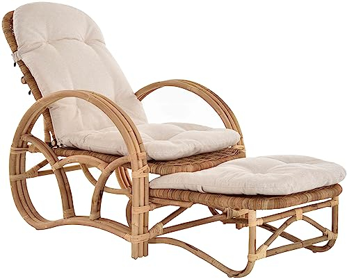 Krines Home Rattanliege Liegesessel klappbar mit Hocker Relax Liegestuhl mit Armlehne Liege Auflage (Natur)