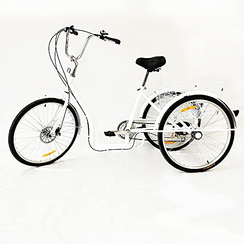 soudesileim 26 Zoll 6-Gang Fahrrad Mit Einkaufskorb, Dreirad FÜR Erwachsene Mit Glocke KotflÜGel, Verstellbarer Sitzhöhe, Vermeidung Von ÜBerschlägen, Geschenk (weiß)