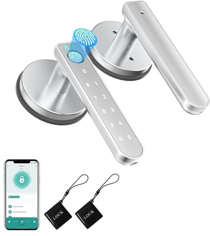 BAFUWEIY Fingerprint Door Lock, Fingerprint Door Knob Biometric Door Lock Smart Door Knob with App Control, Keyless Entry Door Lock with Handle for Home Office Apartment Bedroom Silver