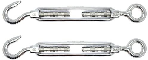 M16 x 250mm Eye & Hook Turnbuckles Wire Tensioner Strainer Open Closed Hook Threaded Hook A4 Marine Grade Stainless Steel (Pack of 2)