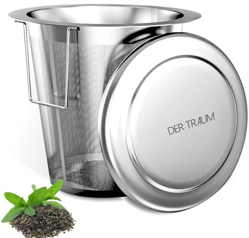 Der Traum Teesieb Teeei für losen Tee aus 304 Rostfreiem Edelstahl –1 Stück Teesieb für Tasse, Teefilter Edelstahl mit Deckel und Faltbaren Griffen – Feinmaschig und spülmaschinengeeignetes Teezubehör