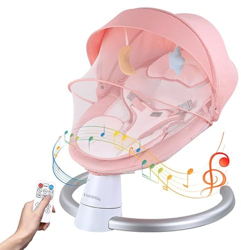 Uuoeebb Electric Baby Bouncer with Bluetooth, Baby Bouncer Chair with 5 Swing Speed, 3-Stage Timer and Remote Control, Portable Swing Chair from Birth for 0 Months Plus Newborn Boys Girls (Pink)