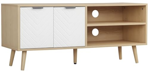 HOMCOM Mobile TV 46 max in Truciolato e Legno, Mobile TV Moderno con 2 Ripiani Aperti Regolabili e Armadietto, 110x39x48.8 cm, color Legno e Bianco