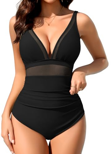 CMTOP Traje de Baño para Mujer V FruncidoTraje de Baño de Una Pieza Mesh Cuello Control del Vientre Bañadores Verano Playa(Negro,M)